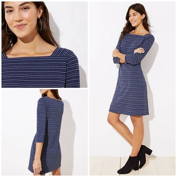 LOFT Dresses & Skirts - Loft Textured‎ Knit Blue White Striped Square Neck Shift Dress 3/4 Sleeves Sz S